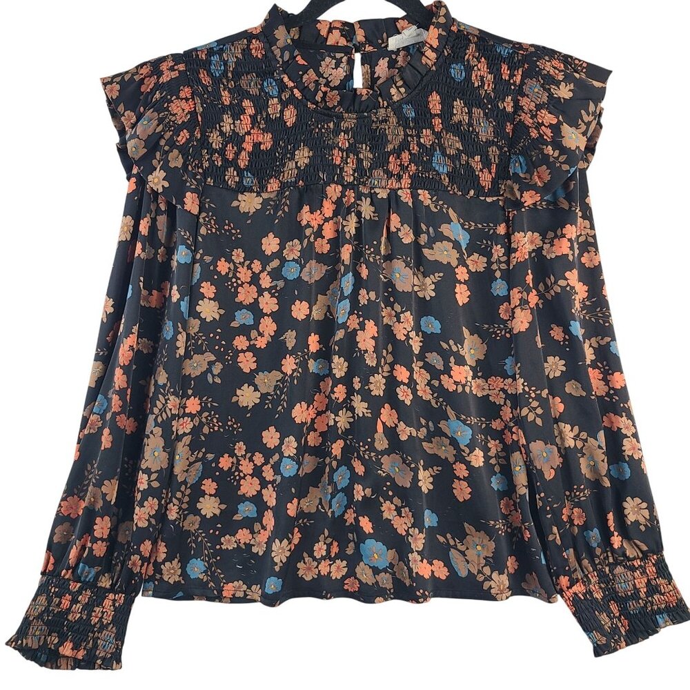 THML Women's Black Floral Long Sleeve Smocked Blouse Sz Medium